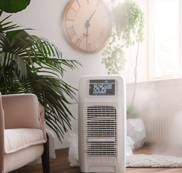 A dehumidifier in a beautiful room and a clock to tell me the time it works
