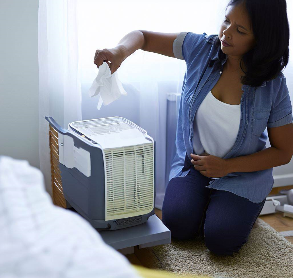 someone clearing a small dehumidifier in their room
