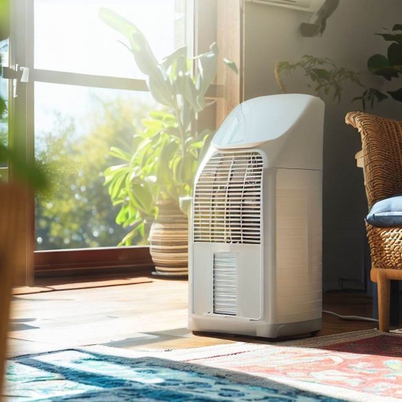 good looking dehumidifier placed in a cosy living room with a nice sunny view from terase