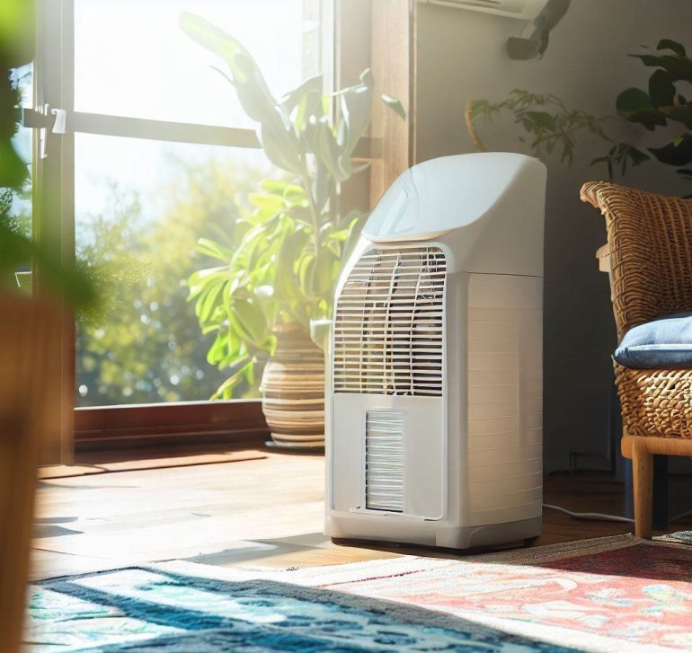 good looking dehumidifier placed in a cosy living room with a nice sunny view from terase