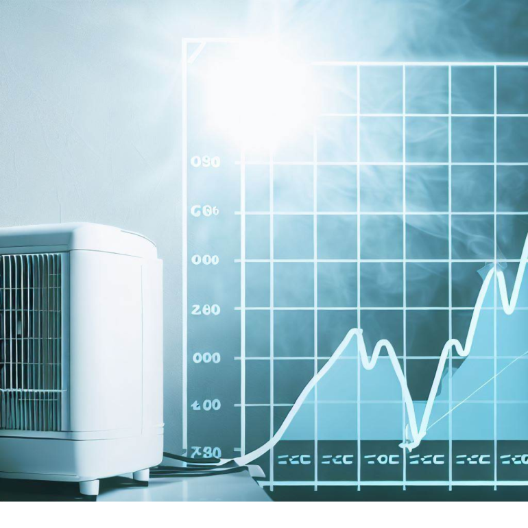 a dehumidifier and a graph symbolizing the cost of energy per day of operation