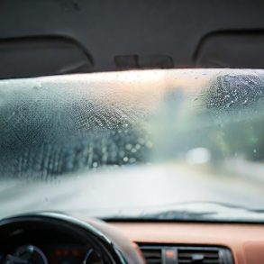 an image of a modern car windshield which has lots of condensation