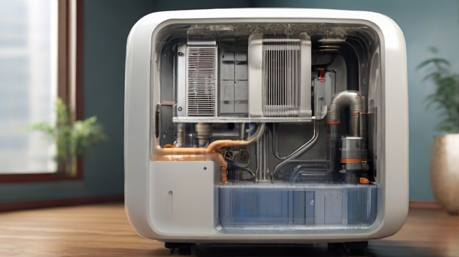 a dehumidifier in a cutaway view, revealing its internal components actively extracting moisture from the surrounding air