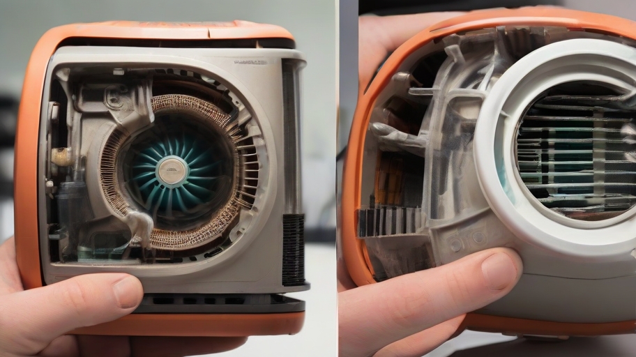 an air purifier cut in half, revealing its inner workings and filters