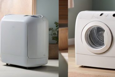 Split image: The left side with modern-looking dehumidifier; the right side shows an energy-efficient tumble dryer
