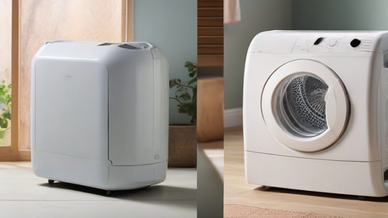 Split image: The left side with modern-looking dehumidifier; the right side shows an energy-efficient tumble dryer