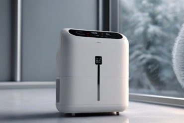 a dehumidifier in a cold room with visible moisture particles in the air, being absorbed into the dehumidifier, demonstrating its efficiency