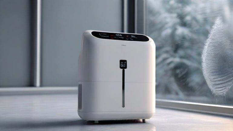 a dehumidifier in a cold room with visible moisture particles in the air, being absorbed into the dehumidifier, demonstrating its efficiency