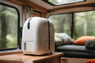 a caravan in a lush, humid forest setting, with a modern, compact dehumidifier operating inside