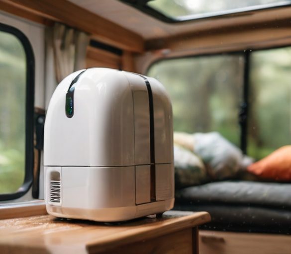 a caravan in a lush, humid forest setting, with a modern, compact dehumidifier operating inside