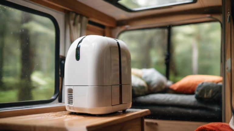 a caravan in a lush, humid forest setting, with a modern, compact dehumidifier operating inside