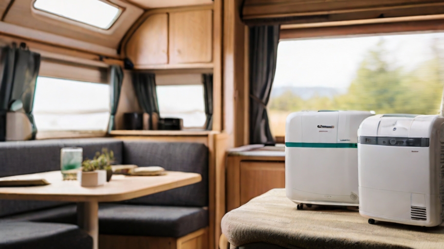 types of dehumidifiers within a caravan interior, highlighting their different sizes, shapes