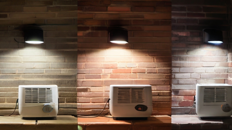 a dehumidifier next to a damp brick wall, the wall progressively drying