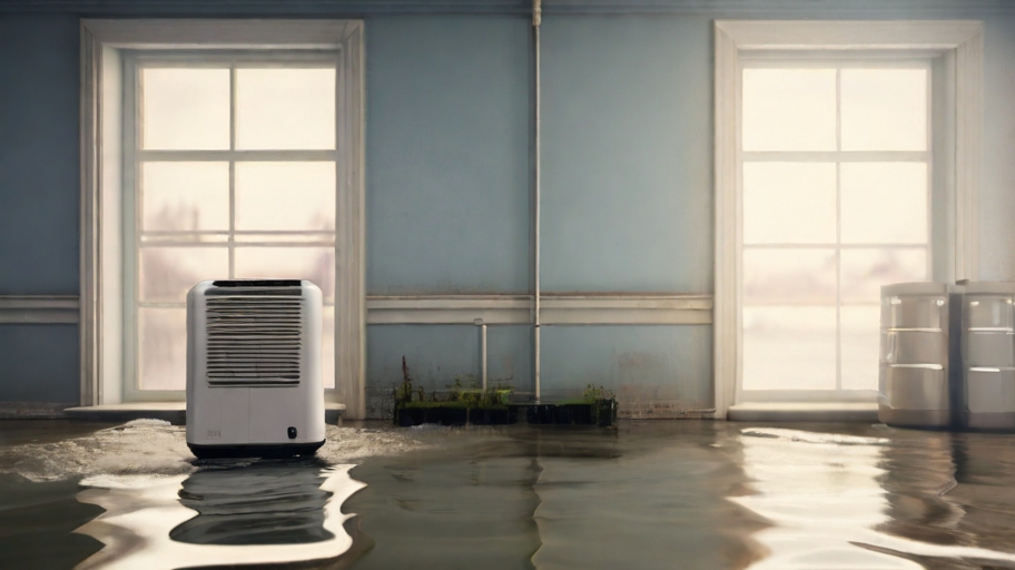 flooded room with a dehumidifier at work, gradually eliminating the water