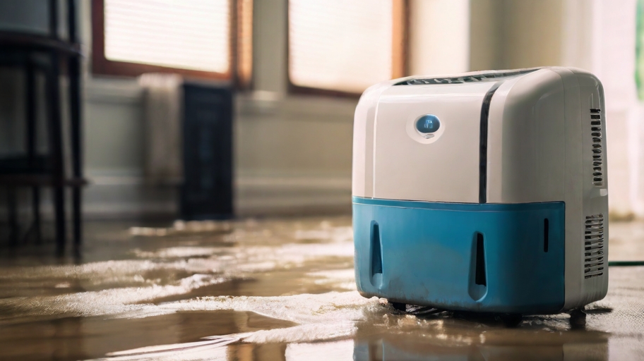 an active dehumidifier in a water-damaged room after a flood