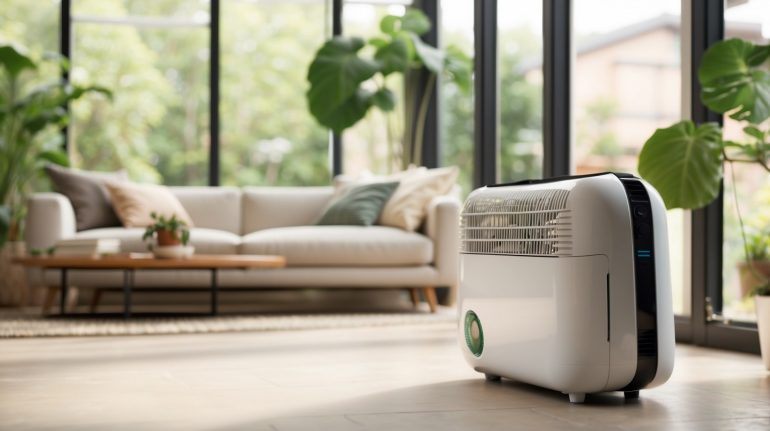 modern dehumidifier placed in a spacious conservatory