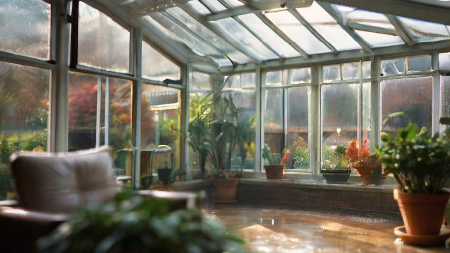 a conservatory with condensation forming on its windows